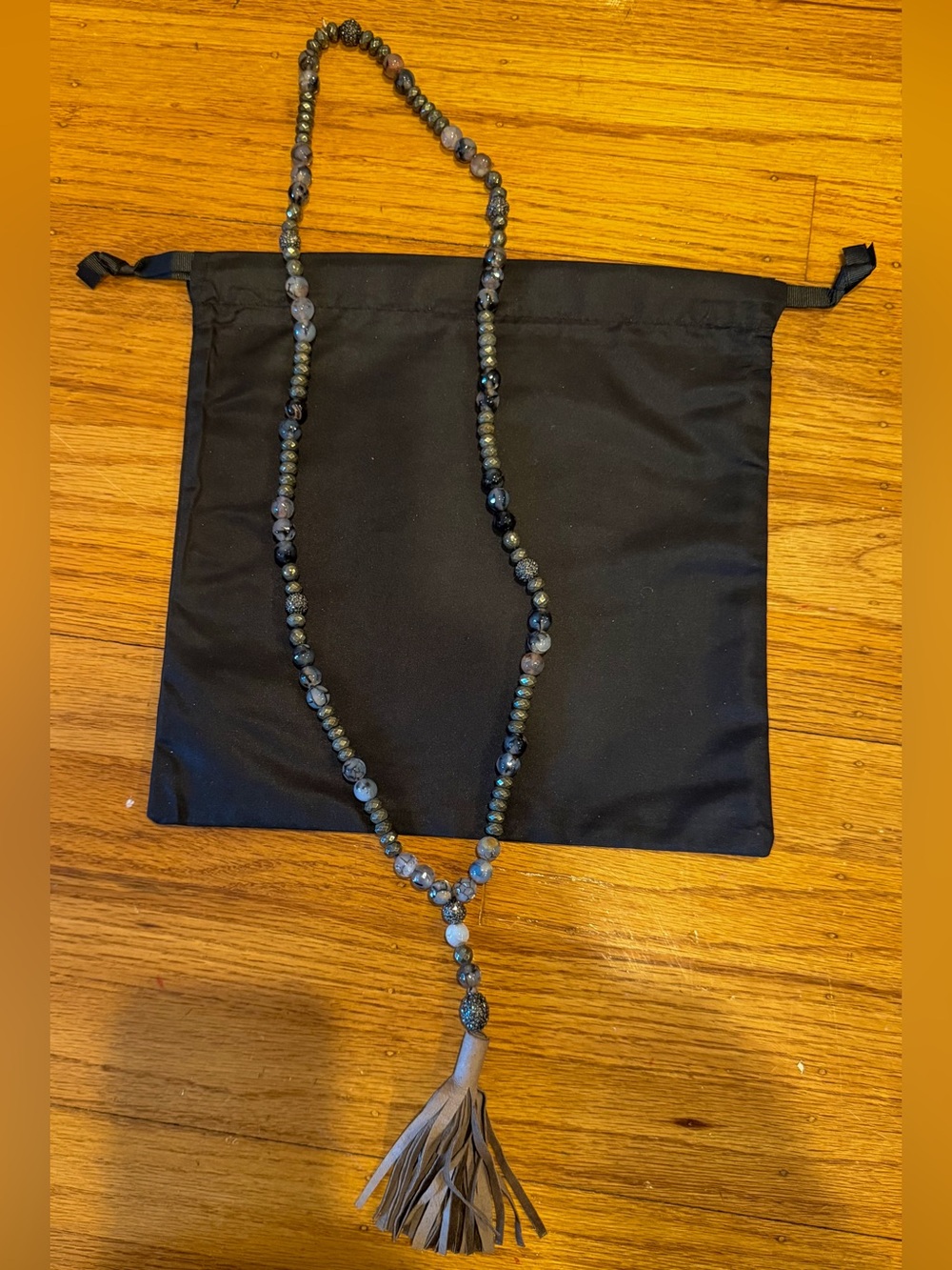 Hipchik Long Gray Gemstone Beaded Tassel Necklace Rhinestone Pavé Boho Statement